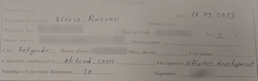 Blood donation medical form in English