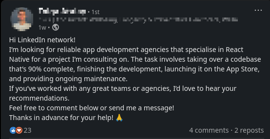 Screenshot of LinkedIn post requesting development services